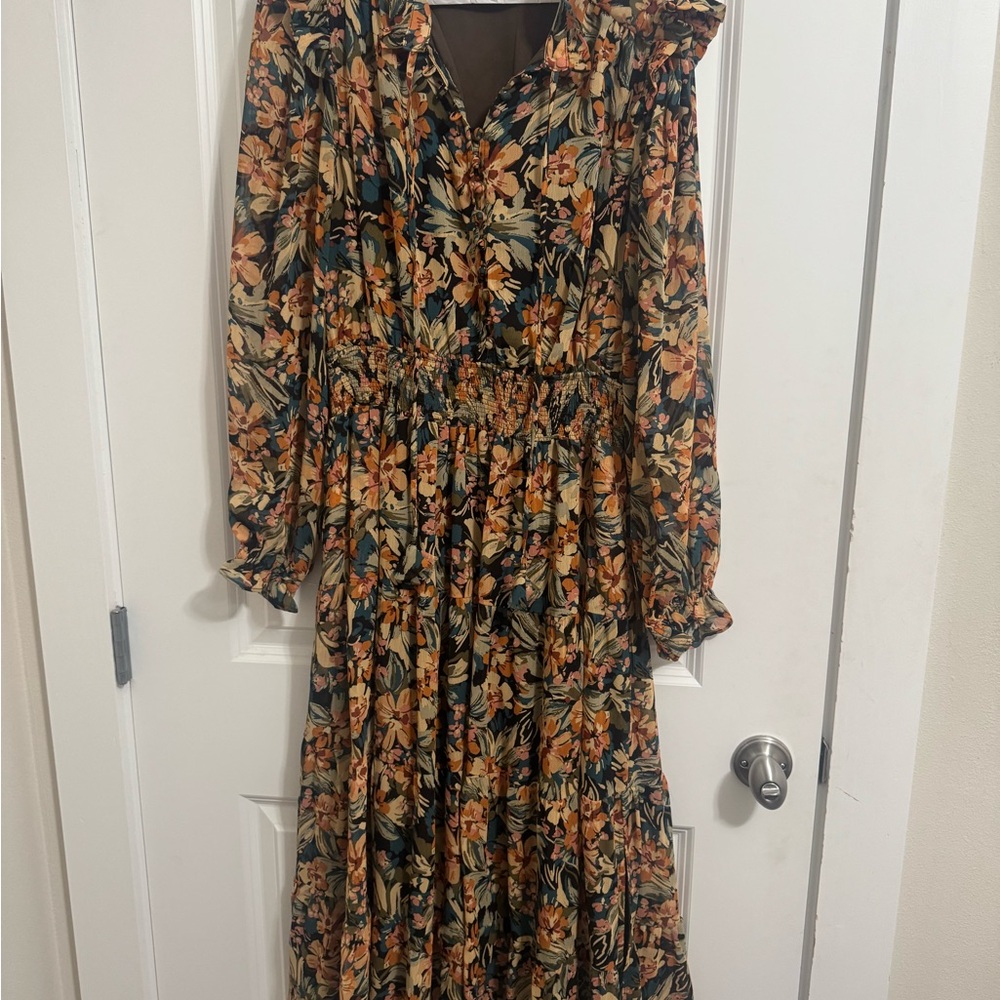 Dress Forum Orange and Green Ruched Tiered Sundress with Long Bishop Sleeves